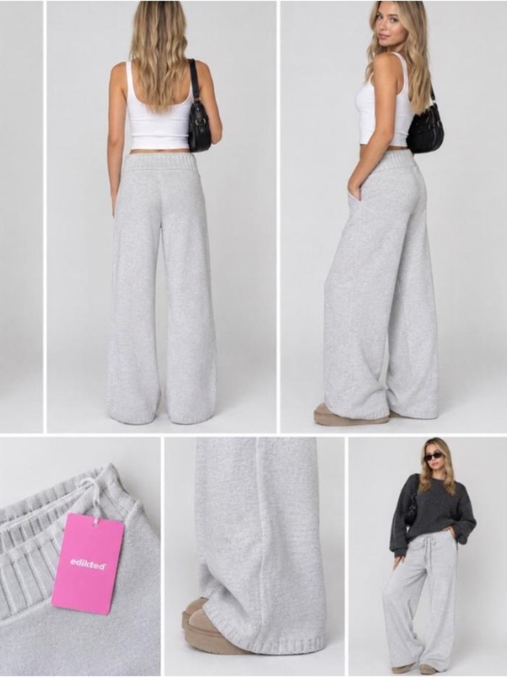 Edikted Light Gray Sweater Knit Wide Leg Heavyweight Pants Medium New With Tags